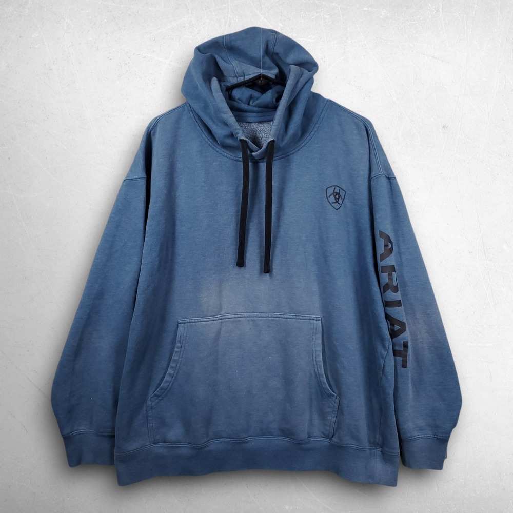 Ariat Logo Pullover Hoodie Men XL Blue Western Cowboy Workwear Gorpcore Winter